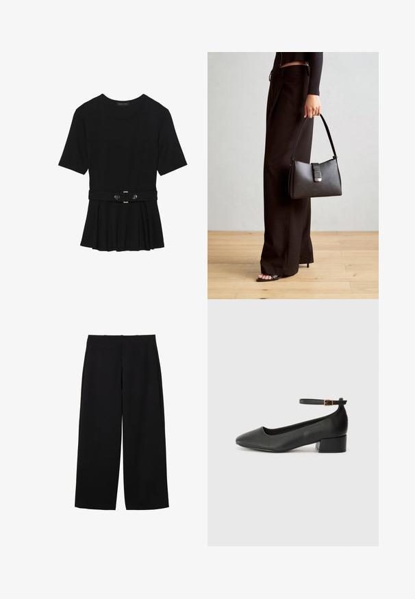 Schwarzes Kurzarmoberteil aus glattem Material, mit einem Peplum-Design und einem taillierten Bund, der mit zwei runden, silberfarbenen Knöpfen ausgestattet ist.; Schwarze weit geschnittene Hose aus strukturiertem Stoff mit hoher Taille, ausgestattet mit frontalen Falten und einem schlichten Design. Keine sichtbaren Taschen oder Beschläge.; Schwarze Lederpumps mit spitzem Zehenbereich und niedrigem Blockabsatz. Mit einem Knöchelriemen und einer goldfarbenen Schnalle. Glatte Textur.; Schwarze Handtasche mit strukturierter Form, glatter Textur und einem metallischen Verschluss. Kombiniert mit weiten schwarzen Hosen und offenen Sandalen auf einem Holzboden.