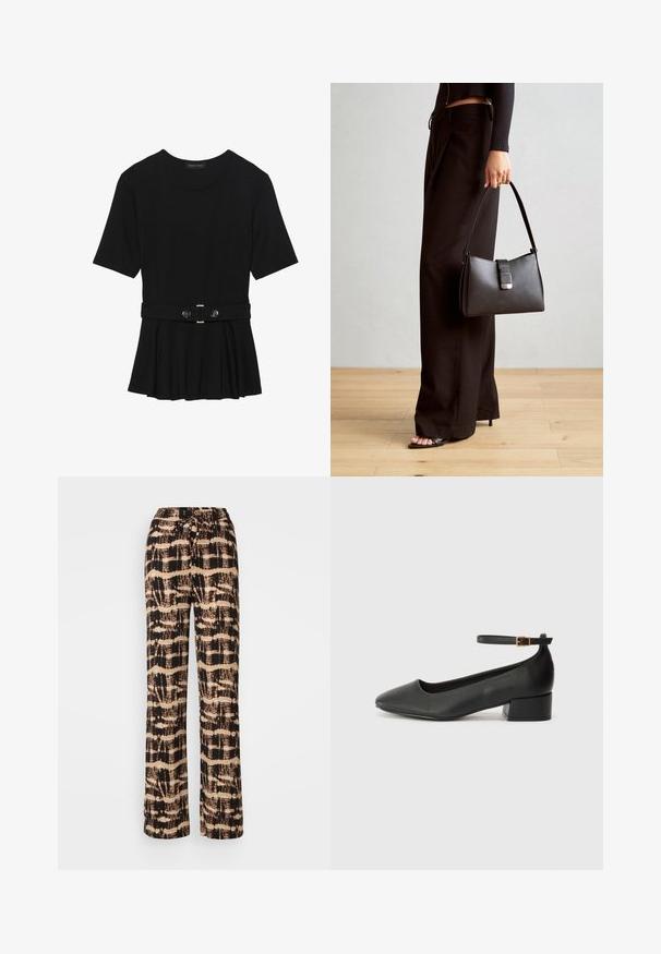 Top negru cu mâneci scurte, realizat dintr-un material neted, cu un design peplum și o talie beltată cu două butoane rotunde de culoare argintie.; Pantaloni largi dintr-un material ușor, cu un model abstract în culorile negru și bej. Talie cu șnur ajustabil, croială confortabilă.; Pantof cu toc negru din piele, cu vârf ascuțit și toc mic pătrat. Dispune de o curea la gleznă cu o cataramă în tonuri de aur. Textură netedă.; Genți negre cu o formă structurată, textură netedă și un închizător metalic. Asortată cu pantaloni negri largi și sandale cu vârf deschis pe un podea din lemn.