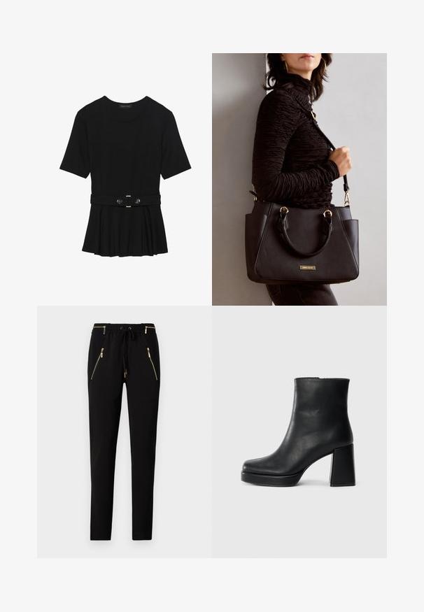 Top preto de mangas curtas, feito de material suave, com design peplum e uma cintura cinto com dois botões redondos em tom prateado.; Calças pretas com cintura elástica e cordão. Apresenta dois bolsos frontais com fecho e accentos em dourado. Textura suave.; Bota de couro preta até ao tornozelo com salto bloco e sola com plataforma, vista de lado sobre um fundo branco liso.; Bolsa preta com superfície texturizada, alças superiores duplas e alça de ombro ajustável. Apresenta ferragens em tom dourado e bolsos laterais.