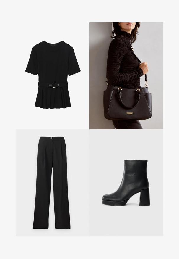 Top preto de mangas curtas, feito de material suave, com design peplum e uma cintura cinto com dois botões redondos em tom prateado.; Calças pretas de cintura alta feitas de tecido suave, com pregas frontais, fecho de botão único e pernas largas. Sem bolsos visíveis.; Bota de couro preta até ao tornozelo com salto bloco e sola com plataforma, vista de lado sobre um fundo branco liso.; Bolsa preta com superfície texturizada, alças superiores duplas e alça de ombro ajustável. Apresenta ferragens em tom dourado e bolsos laterais.
