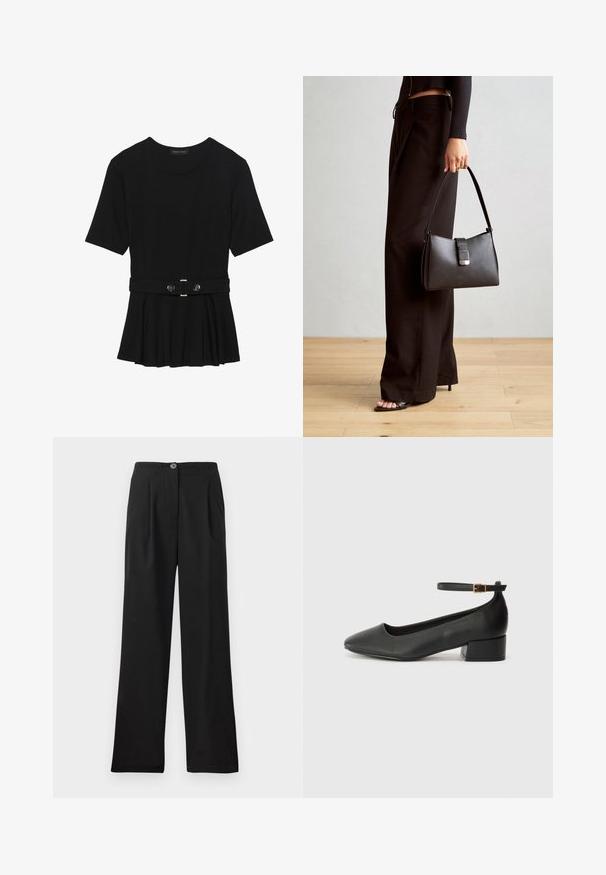 Čierny krátky rukáv top vyrobený z hladkého materiálu, so strihom peplum a opaskom v páse so syntetickými guľatými striebornými gombíkmi.; Čierne, vysoké nohavice vyrobené z hladkej látky, s prednými záhybmi, jedným gombíkom na zapínanie a širokými nohavicami. Žiadne viditeľné vrecká.; Čierne kožené lodičky s špicatou špičkou a nízkym blokovým podpätkom. Obsahuje remienok okolo členka so zlatým prackou. Hladký povrch.; Čierna kabelka so štruktúrovaným tvarom, hladkou textúrou a kovovou sponou. V kombinácii so širokými čiernymi nohavicami a sandálmi s otvorenou špičkou na drevenej podlahe.