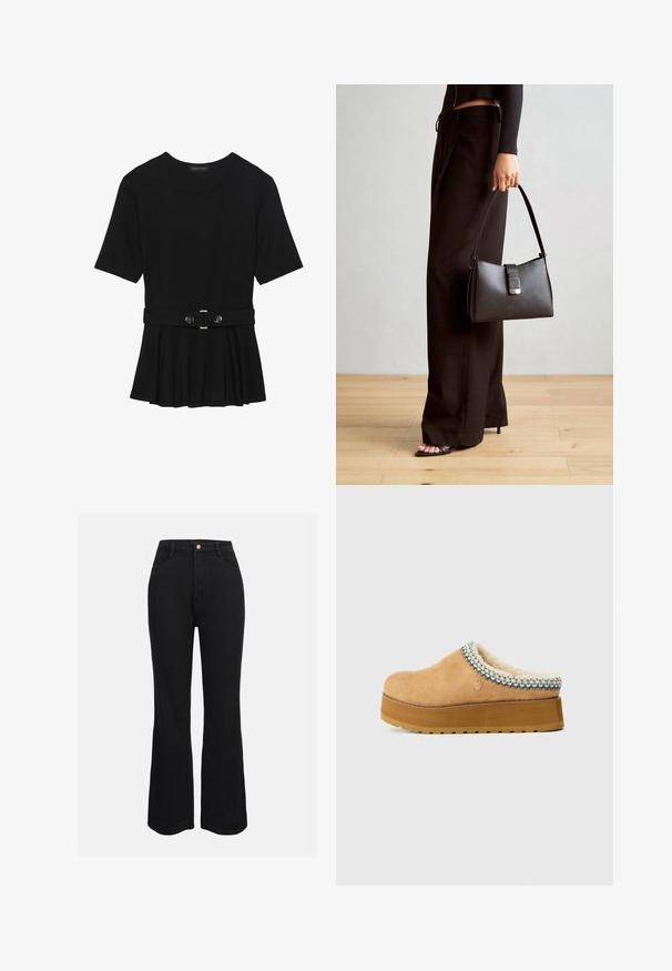 Svart kortermet topp laget av glatt materiale, med en peplum-design og en belted midje med to runde knapper i sølvfarge.; Sorte høytlivs flare-jeans laget av denim, med tradisjonelle lommer og knappelukking foran. Glatt tekstur og jevn farge.; Tan slip-on klogs med en teksturert semsket overdel, en myk fôring og en fargerik vevd detalj rundt kragen. Tykk plattformsåle.; Svart håndveske med strukturert form, jevn tekstur og metallisk lås. Kombinert med brede svarte bukser og sandaler med åpen tå på tregulv.