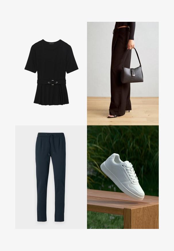 Melnas īsām piedurknēm topiņš, izgatavots no gludas materiāla, ar pepluma dizainu un jostu ar divām apaļām sudraba krāsas pogām.; Tumsāti tumši zila kokvilnas jogger stila bikses ar aukliņu jostasvietā, sašaurinātiem kājgaldiem un krokām priekšpusē. Mīksta struktūra un minimālisma dizains.; Baltie sporta apavi ar gludu sintētisku augšpusi, perforētu pirkstu daļu, plakani šņorēm un rakstainu zoli, novietoti uz koka virsmas.; Melnā somiņa ar strukturētu formu, gludu tekstūru un metālu sprādzi. Saskaņota ar platām melnām biksēm un sandālēm ar atvērtu purngalu uz koka grīdas.