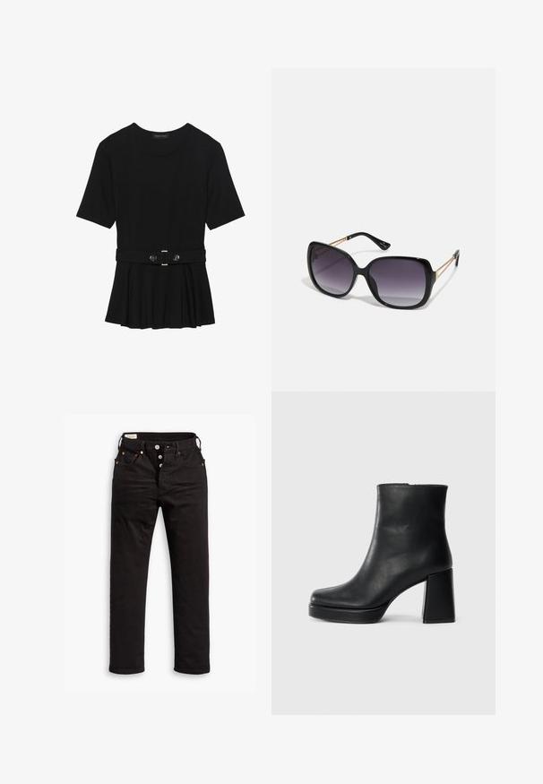 Črn kratek rokav srajca iz gladkega materiala, z obliko pepluma in pasom s pasom ter dvema okroglega srebrno-toniranima gumboma.; Črne naravnost krojene kavbojke z gumbom, sprednjimi in zadnjimi žepi ter podrobnostmi iz bakrovih zakovic na beli podlagi.; Črne usnjene gležnjarje z blok peto in platformo, prikazane s strani na enobarvni beli podlagi.; Črne prevelike sončne očala z degradacijskimi lečami, debelimi okvirji in zlatimi verižicami na ročajih.