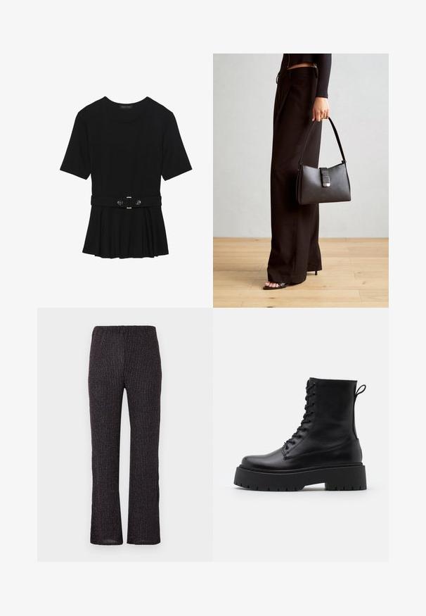 Črn kratek rokav srajca iz gladkega materiala, z obliko pepluma in pasom s pasom ter dvema okroglega srebrno-toniranima gumboma.; Črne rebraste hlače z elastičnim pasom, ki imajo ravno krojeno nogavico in subtilne iridescentne bleščice po teksturirani tkanini.; Črne usnjene gležnjarje z okroglo konico, vezalnim sprednjim delom in debelim gumijastim podplatom z teksturiranim profilom. Zanka na hrbtni strani.; Črna torbica z strukturirano obliko, gladko teksturo in kovinskim zaponko. Ujemajo se z širokimi črnimi hlačami in odprtimi sandali na lesenem tleh.