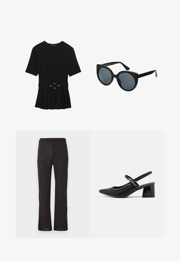 Top preto de mangas curtas, feito de material suave, com design peplum e uma cintura cinto com dois botões redondos em tom prateado.; Calças pretas caneladas com um cós elástico, apresentando um corte de perna reta e discretas partículas iridescentes por todo o tecido texturizado.; Sabrinas de cerâmica preta com salto bloco, bico apontado e um design com recortes arredondados. Apresenta um detalhe em fivela de tom dourado.; Óculos de sol grandes e pretos com formato de olhos de gato, lentes escuras e armação de plástico brilhante. Apresenta hastes grossas para suporte.; Bolsa preta com forma estruturada, textura suave e um fecho metálico. Combinada com calças largas pretas e sandálias de salto aberto sobre um chão de madeira.