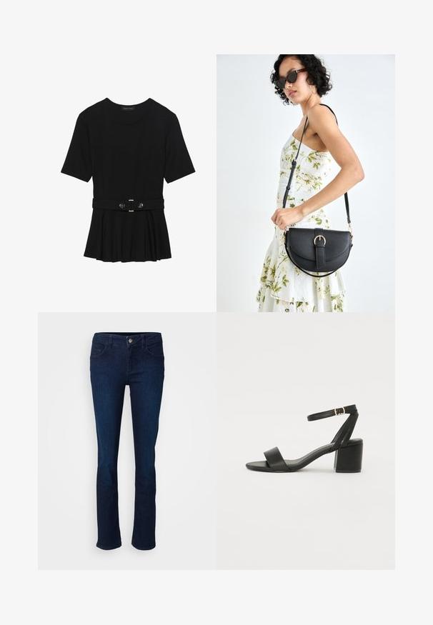 Fekete, rövid ujjú felső sima anyagból, peplum fazonnal és övvel a deréknál, két kerek, ezüst árnyalatú gombbal.; Tengerészkék farmernadrág egyenes lábbal, elülső és hátsó zsebekkel, gombos záródással és sima textúrával.; Fekete magassarkú szandál sima bőr felső résszel, nyitott orral, széles elülső pántokkal és állítható bokapánttal, arany csat részlettel.; Fekete bőrtáska ívelt formával, levehető pánttal és arany színű fémrészekkel. A táskán egy csattal díszített fedél található.