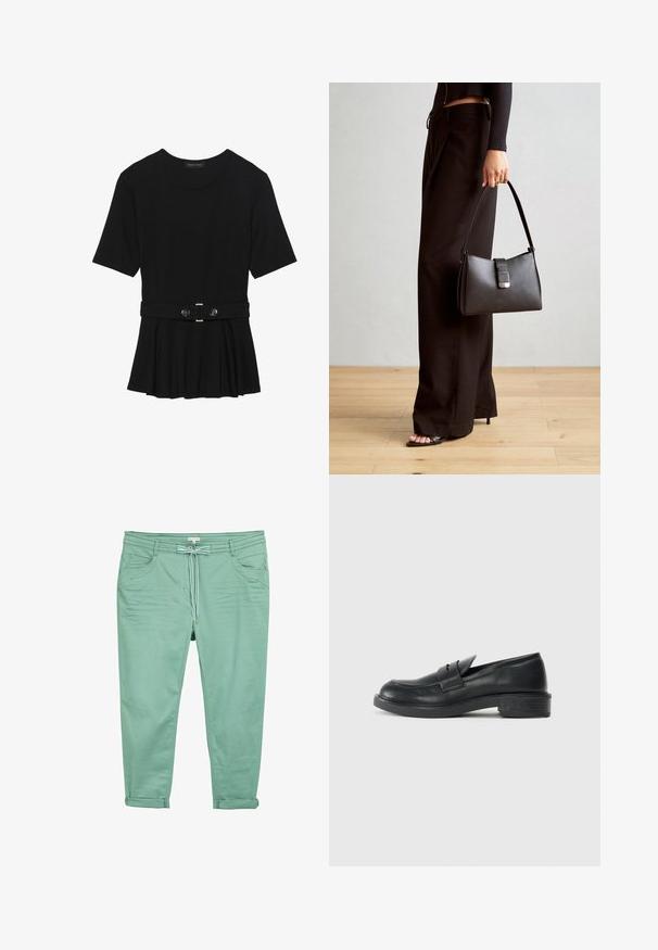 Top corto nero a maniche corte realizzato in materiale liscio, con design peplum e vita cintata adornata da due bottoni tondi in tono argento.; Pantaloni verde chiaro in tessuto morbido, con vita regolabile, due tasche anteriori e risvolti per un fit rilassato.; Mocassini in pelle nera con punta arrotondata, dettagli cuciti e tacco basso. Texture liscia e suola in gomma flessibile.; Borsa nera con forma strutturata, texture liscia e una chiusura metallica. Abbinata a pantaloni neri larghi e sandali open-toe su un pavimento in legno.