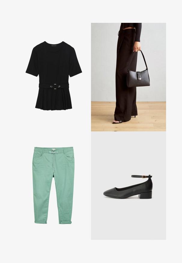 Čierny krátky rukáv top vyrobený z hladkého materiálu, so strihom peplum a opaskom v páse so syntetickými guľatými striebornými gombíkmi.; Svetlozelené nohavice vyrobené z mäkkej tkaniny, s pásom na sťahovanie, dvoma prednými vreckami a zvrhnutými manžetami pre uvoľnený strih.; Čierne kožené lodičky s špicatou špičkou a nízkym blokovým podpätkom. Obsahuje remienok okolo členka so zlatým prackou. Hladký povrch.; Čierna kabelka so štruktúrovaným tvarom, hladkou textúrou a kovovou sponou. V kombinácii so širokými čiernymi nohavicami a sandálmi s otvorenou špičkou na drevenej podlahe.
