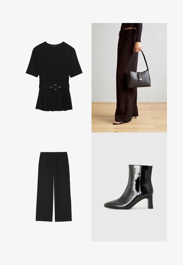 Svart kortermet topp laget av glatt materiale, med en peplum-design og en belted midje med to runde knapper i sølvfarge.; Sorte vide benbukser laget av mykt stoff. Har et plissédesign med glidelås på siden. Glatt tekstur og cut til ankelen.; Sorte patentlær ankle boot med spiss tå og en mellomhøy blokkhelt. Glatt tekstur og minimalistisk design.; Svart håndveske med strukturert form, jevn tekstur og metallisk lås. Kombinert med brede svarte bukser og sandaler med åpen tå på tregulv.