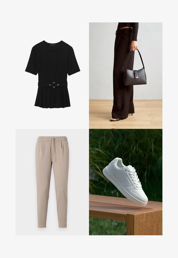Črn kratek rokav srajca iz gladkega materiala, z obliko pepluma in pasom s pasom ter dvema okroglega srebrno-toniranima gumboma.; Bež jogger hlače iz mehkega blaga, z elastičnim pasom in vrvico, ter stranskimi žepi. Oblika s stisnjenimi hlačnicami.; Bela teniska s gladkim sintetičnim zgornjim delom, perforiranim prednjim delom, ravnimi vezalkami in teksturiranim podplatom, prikazana na leseni površini.; Črna torbica z strukturirano obliko, gladko teksturo in kovinskim zaponko. Ujemajo se z širokimi črnimi hlačami in odprtimi sandali na lesenem tleh.