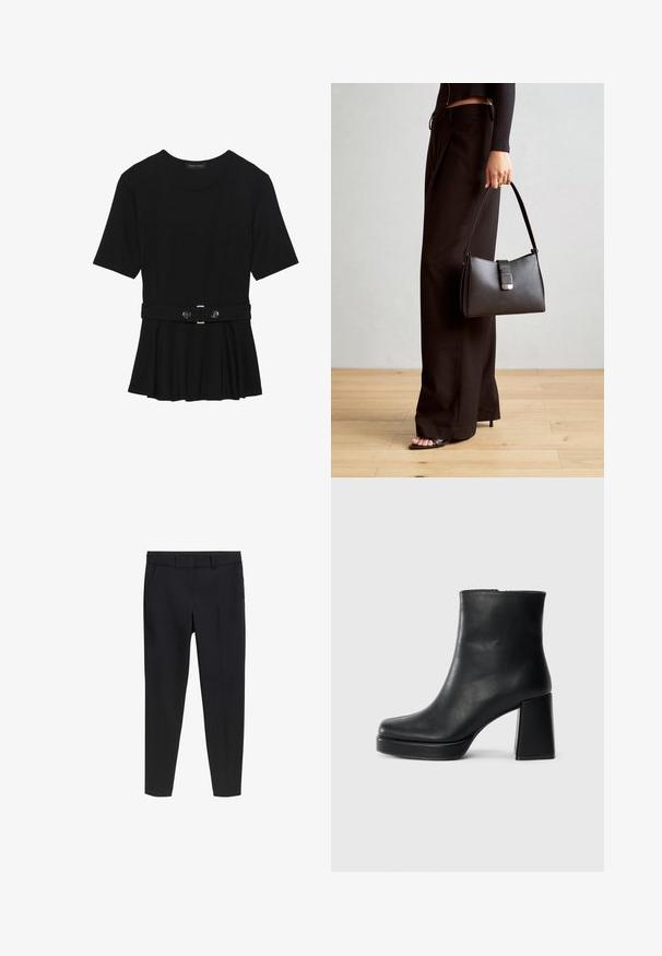 Top corto nero a maniche corte realizzato in materiale liscio, con design peplum e vita cintata adornata da due bottoni tondi in tono argento.; Pantaloni attillati neri a gamba corta con passanti per cintura e tasche frontali su sfondo bianco.; Stivale alla caviglia in pelle nera con tacco a blocco e suola platform, visto di lato su uno sfondo bianco uniforme.; Borsa nera con forma strutturata, texture liscia e una chiusura metallica. Abbinata a pantaloni neri larghi e sandali open-toe su un pavimento in legno.