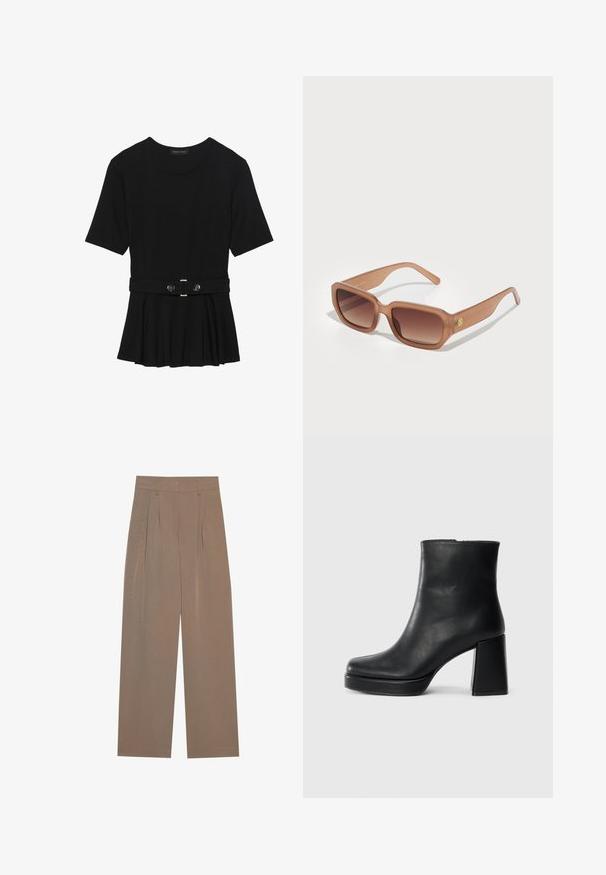 Crna majica kratkih rukava od glatkog materijala, s peplum dizajnom i pojasom s dva okrugla srebrna dugmeta.; Smeđe plisirane hlače širokog kroja, s ravnim pojasom i bočnim džepovima, izrađene od lagane tkanine.; Crna kožna čizma do gležnja s blok petom i platformom, prikazana s bočne strane na jednostavnoj bijeloj pozadini.; Smeđe pravokutne sunčane naočale s gradijentnim lećama, debelim okvirom i detaljem s logotipom sa strane. Glatki plastični materijal, minimalistički dizajn.