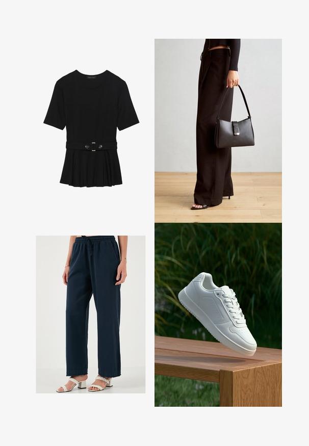 Top negru cu mâneci scurte, realizat dintr-un material neted, cu un design peplum și o talie beltată cu două butoane rotunde de culoare argintie.; Pantaloni largi bleumarin cu talie elastică și șnur. Material neted cu o croială lejeră și tiv desfăcut. Asortați cu sandale albe cu toc.; Sneaker alb cu un upper sintetic neted, cu vârf perforat, șireturi plate și o talpă texturată, expus pe o suprafață de lemn.; Genți negre cu o formă structurată, textură netedă și un închizător metalic. Asortată cu pantaloni negri largi și sandale cu vârf deschis pe un podea din lemn.