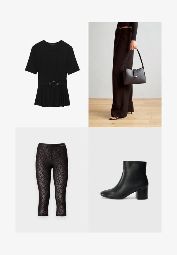 Top preto de mangas curtas, feito de material suave, com design peplum e uma cintura cinto com dois botões redondos em tom prateado.; Pinko LIAM STRETCH - Leggings - nero limousine; Botas de tornozelo em pele preta com bico pontiagudo e um salto robusto. Textura suave com acentos mínimos e um design ajustado e elegante.; Bolsa preta com forma estruturada, textura suave e um fecho metálico. Combinada com calças largas pretas e sandálias de salto aberto sobre um chão de madeira.