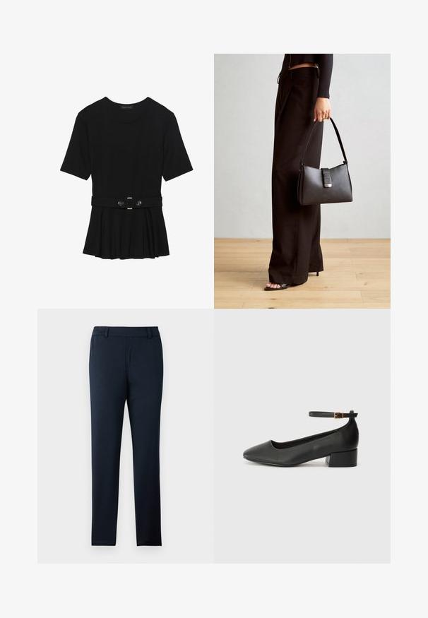 Haut noir à manches courtes fabriqué en matériau lisse, avec un design peplum et une taille ceinturée ornée de deux boutons ronds en métal argenté.; Pantalons bleu marine en tissu doux et extensible. Dotés d'un devant plat, de passants de ceinture et d'un design à jambe slim et effilée.; Escarpin en cuir noir avec un bout pointu et un petit talon bloc. Doté d'une bride de cheville avec une boucle dorée. Texture lisse.; Sac à main noir à la forme structurée, texture lisse et fermoir métallique. Associé à un pantalon noir ample et des sandales ouvertes sur un sol en bois.