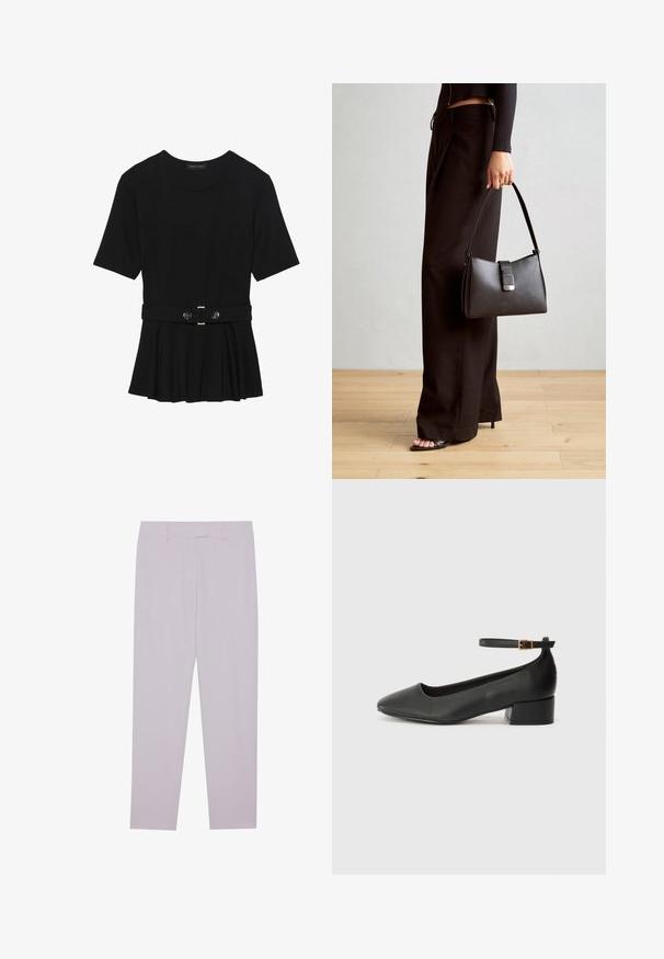 Zwart топ met korte mouwen van glad materiaal, voorzien van een peplum ontwerp en een riem in de taille met twee ronde, zilverkleurige knopen.; Licht paarse broeken van soepel materiaal, met een getailleerde pasvorm, riemlussen en een recht silhouet.; Zwarte leren pump met een spitse neus en een lage blokhak. Beschikt over een enkelband met een goudkleurige gespsluiting. Gladde textuur.; Zwarte handtas met gestructureerde vorm, gladde textuur en een metalen sluiting. Gecombineerd met brede zwarte broeken en sandalen met open teen op een houten vloer.