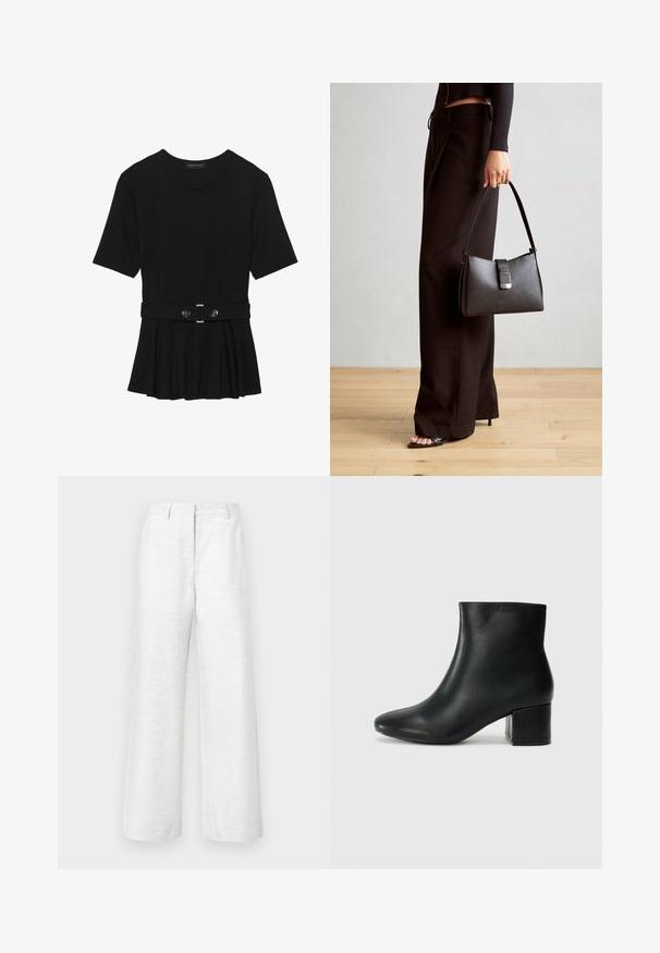 Čierny krátky rukáv top vyrobený z hladkého materiálu, so strihom peplum a opaskom v páse so syntetickými guľatými striebornými gombíkmi.; Široké nohavice z ľahkého bieleho ľanu s jemnou textúrou, vybavené predným záhybom a štandardným pásom.; Čierne kožené členkové čižmy s špicatou špičkou a hrubým podpätkom. Hladká textúra s minimálnymi akcentmi a elegantným, priliehavým dizajnom.; Čierna kabelka so štruktúrovaným tvarom, hladkou textúrou a kovovou sponou. V kombinácii so širokými čiernymi nohavicami a sandálmi s otvorenou špičkou na drevenej podlahe.
