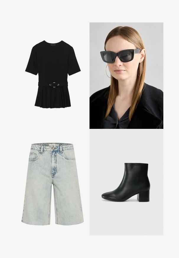 Melnas īsām piedurknēm topiņš, izgatavots no gludas materiāla, ar pepluma dizainu un jostu ar divām apaļām sudraba krāsas pogām.; Gaiši zili džinsa šorti ar brīvu piegrieztni, klasisku piecu kabatu dizainu un redzamām šuvēm. Ar izsistu akcentu visā virsmā.; Melna ādas potīšu zābaki ar smailu purngalu un masīlu papēdi. Gluda tekstūra ar minimāliem akcentiem un gludu, pieguļošu dizainu.; Melna kaķa acs saulesbrilles ar tumšiem objektīviem, bieziem rāmjiem un smalkiem akcentiem. Valkātas ar melnu mēteļi un pelēku augšu, ar garām taisnām matiem.