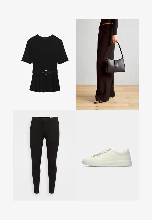 Černé krátké tričko vyrobené z hladkého materiálu, s peplum designem a opaskem v pase, ozdobené dvěma kulatými, stříbrnými knoflíky.; Černé skinny jeans vyrobené z elastické bavlněné džínsoviny, s klasickým pětipocket designem a uzavíráním na knoflík.; Bílé nízké kožené tenisky s tkaničkovým zapínáním a plochou gumovou podrážkou zobrazené z boku na jednobarevném pozadí.; Černá kabelka se strukturovaným tvarem, hladkým povrchem a kovovým uzávěrem. Kombinována s širokými černými kalhotami a sandály s otevřenou špičkou na dřevěné podlaze.