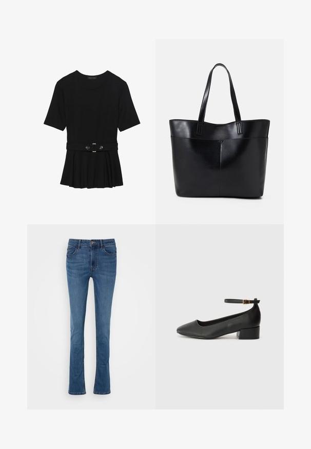 Svart kortärmad topp i slätt material med peplumdesign och bälte i midjan, prydd med två runda knappar i silverfärg.; Blå denimöverdrivna jeans med fem fickor, bältesöglor och knäppning fram. Har en mjuk textur och lätt urtvättning.; Svart läderpump med spetsig tå och en låg klack. Har en ankelsnodd med en guldtonad spänne. Slät textur.; Svart läder tote-väska med två långa handtag, en slät yta och en strukturerad form. Har en framficka för extra förvaring.