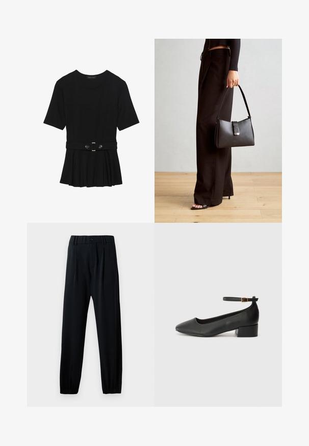 Zwart топ met korte mouwen van glad materiaal, voorzien van een peplum ontwerp en een riem in de taille met twee ronde, zilverkleurige knopen.; Zwarte, elastische taillebandbroeken met een knoopsluiting, recht model en gathered boorden. Gemaakt van een gladde, lichte stof.; Zwarte leren pump met een spitse neus en een lage blokhak. Beschikt over een enkelband met een goudkleurige gespsluiting. Gladde textuur.; Zwarte handtas met gestructureerde vorm, gladde textuur en een metalen sluiting. Gecombineerd met brede zwarte broeken en sandalen met open teen op een houten vloer.