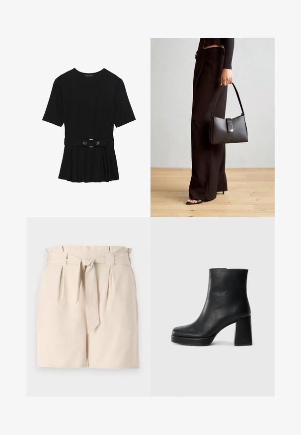 Top negro de manga corta fabricado en un material suave, con un diseño de peplum y una cintura ceñida con un cinturón que incluye dos botones redondos en tono plateado.; Pantalones cortos entallados de color beige, confeccionados con una tela ligera, que cuentan con una cinturilla con cinturón, detalles de pliegues y un corte recto.; Botín de cuero negro con tacón cuadrado y suela de plataforma, visto de lado sobre un fondo blanco liso.; Bolso negro con forma estructurada, textura suave y un cierre metálico. Combinado con pantalones anchos negros y sandalias de dedo en un suelo de madera.