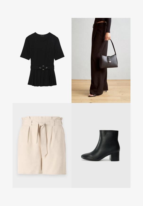 Melnas īsām piedurknēm topiņš, izgatavots no gludas materiāla, ar pepluma dizainu un jostu ar divām apaļām sudraba krāsas pogām.; Beige pieli šorti, izgatavoti no viegla auduma, ar jostu viduklī, izstrādājumu detaļām un taisnu piegriezumu.; Melna ādas potīšu zābaki ar smailu purngalu un masīlu papēdi. Gluda tekstūra ar minimāliem akcentiem un gludu, pieguļošu dizainu.; Melnā somiņa ar strukturētu formu, gludu tekstūru un metālu sprādzi. Saskaņota ar platām melnām biksēm un sandālēm ar atvērtu purngalu uz koka grīdas.