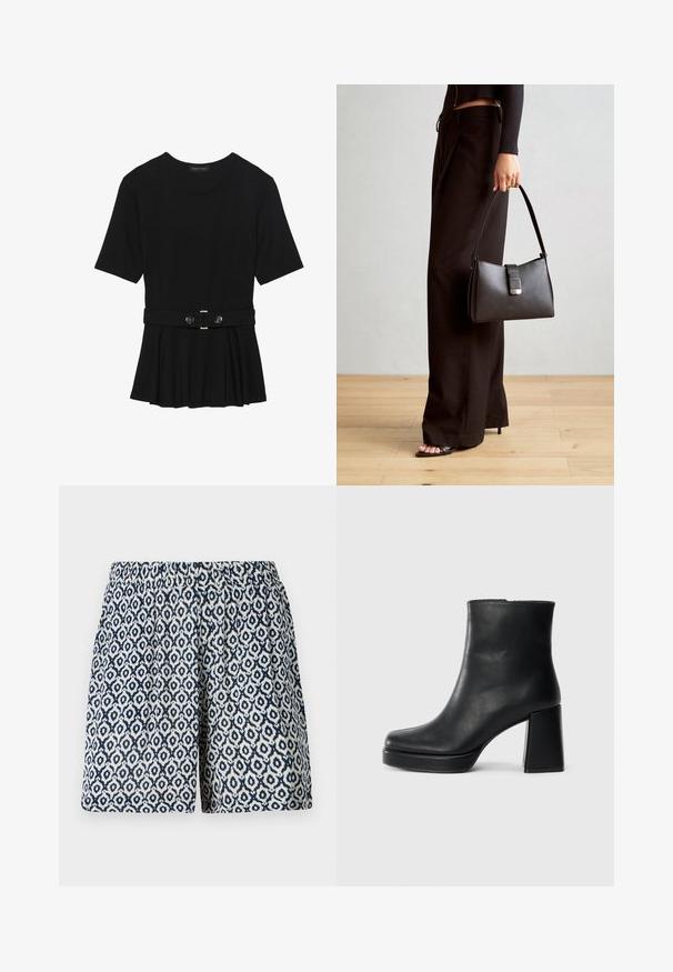 Musta lyhythihainen paita, joka on valmistettu sileästä materiaalista ja jossa on peplum-muotoilu sekä vyötäröllä vyö, jossa on kaksi pyöreää hopeanväristä nappia.; Lyhythihaiset shortsit, joissa on merimies- ja valkoista geometrista kuosia, joustava vyötärö, klassinen malli ja pehmeä, kevyt kangas.; Musta nahkasaapas nilkkapituisena, jossa on paksu korko ja alustapohja, nähtynä sivulta yksinkertaisella valkoisella taustalla.; Musta käsilaukku, jossa on rakenteellinen muoto, sileä pinta ja metallinen solki. Yhdistetty leveisiin mustiin housuihin ja avonaiheisiin sandaaleihin puulattialla.
