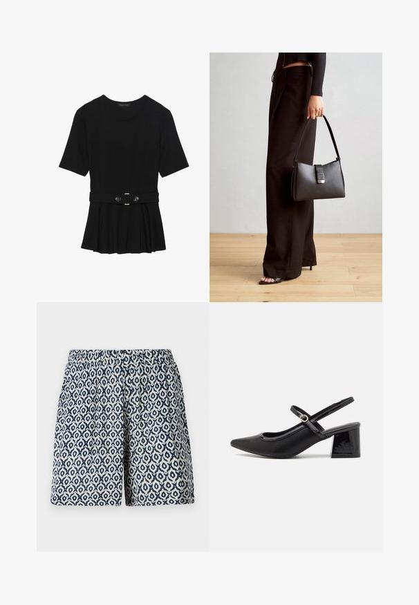 Črn kratek rokav srajca iz gladkega materiala, z obliko pepluma in pasom s pasom ter dvema okroglega srebrno-toniranima gumboma.; Kratke hlače s vzorcem v mornarično modri in beli geometrijski zasnovi, z elastičnim pasom, klasičnim krojem in mehko, lahko teksturo tkanine.; Črne patentne usnjene salonarce s slingback obliko, s koničastim nosom, zaobljenim izrezom in blok peto. Imajo zlato kovinsko zaponko kot dodatno okrasje.; Črna torbica z strukturirano obliko, gladko teksturo in kovinskim zaponko. Ujemajo se z širokimi črnimi hlačami in odprtimi sandali na lesenem tleh.