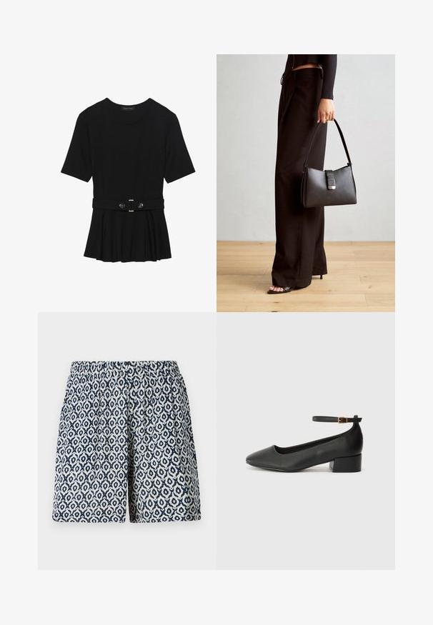 Black short-sleeve top made of smooth material, featuring a peplum design and a belted waist with two round, silver-tone buttons.; Patterned shorts featuring a navy and white geometric design, elastic waistband, classic fit, with a soft, lightweight fabric texture.; Black leather pump with a pointed toe and a low block heel. Features an ankle strap with a gold-tone buckle. Smooth texture.; Black handbag with structured shape, smooth texture, and a metallic clasp. Paired with wide black pants and open-toe sandals on wooden floor.