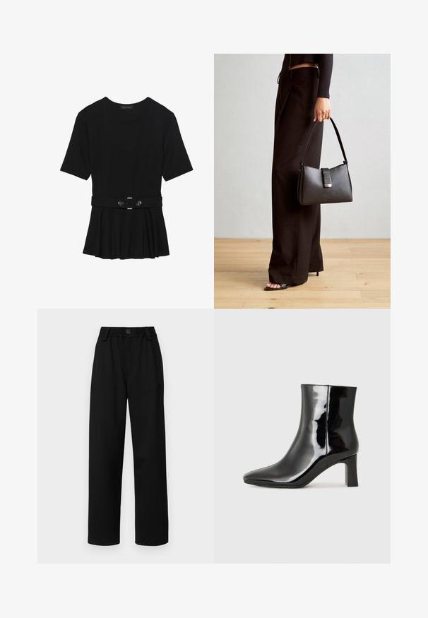 Čierny krátky rukáv top vyrobený z hladkého materiálu, so strihom peplum a opaskom v páse so syntetickými guľatými striebornými gombíkmi.; Čierne široké nohavice s textúrovaným pásom, so zapínaním na prednom gombíku a dvoma bočnými vreckami. Hladká tkanina a prispôsobený strih.; Čierne lakované členkové topánky s špicatou špičkou a stredne vysokým blokovým podpätkom. Hladká textúra a minimalistický dizajn.; Čierna kabelka so štruktúrovaným tvarom, hladkou textúrou a kovovou sponou. V kombinácii so širokými čiernymi nohavicami a sandálmi s otvorenou špičkou na drevenej podlahe.