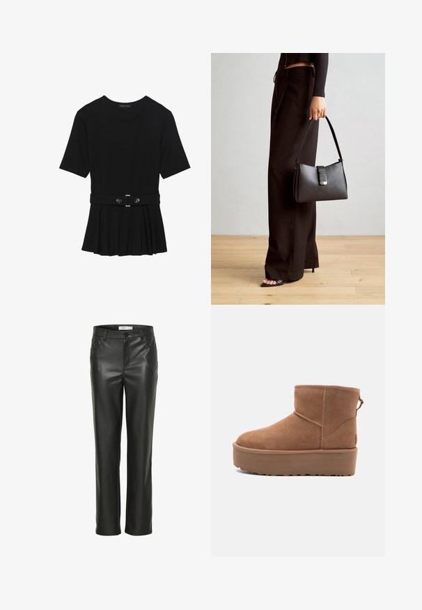 Černé krátké tričko vyrobené z hladkého materiálu, s peplum designem a opaskem v pase, ozdobené dvěma kulatými, stříbrnými knoflíky.; Černé kožené kalhoty se střihem rovného nohavice, vybavené předními kapsami a knoflíkovým zapínáním. Hladká textura s elegantním vzhledem.; Hnědé semišové kotníkové boty s platformou, zaoblenou špičkou a prošíváním; mají poutko vzadu pro snadné obouvání.; Černá kabelka se strukturovaným tvarem, hladkým povrchem a kovovým uzávěrem. Kombinována s širokými černými kalhotami a sandály s otevřenou špičkou na dřevěné podlaze.
