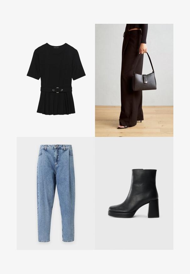 Melnas īsām piedurknēm topiņš, izgatavots no gludas materiāla, ar pepluma dizainu un jostu ar divām apaļām sudraba krāsas pogām.; Gaišzilas denima bikses ar augstu jostasvietu, krokām priekšā, sašaurinātiem galiem un klasisku piecu kabatu dizainu ar pamanāmām šuvēm.; Melna ādas potīšu zābaku ar bloku papēdi un platformas zoli, skatīts no sāna uz vienkārša balta fona.; Melnā somiņa ar strukturētu formu, gludu tekstūru un metālu sprādzi. Saskaņota ar platām melnām biksēm un sandālēm ar atvērtu purngalu uz koka grīdas.