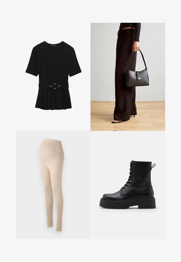 Top corto nero a maniche corte realizzato in materiale liscio, con design peplum e vita cintata adornata da due bottoni tondi in tono argento.; Leggings premaman beige con fascia alta, realizzati in un tessuto morbido e elasticizzato, caratterizzati da un design aderente e una texture liscia.; Stivaletti in pelle nera alla caviglia con punta rotonda, lace-up frontale e suola in gomma spessa con battistrada textured. Tassello sul retro.; Borsa nera con forma strutturata, texture liscia e una chiusura metallica. Abbinata a pantaloni neri larghi e sandali open-toe su un pavimento in legno.