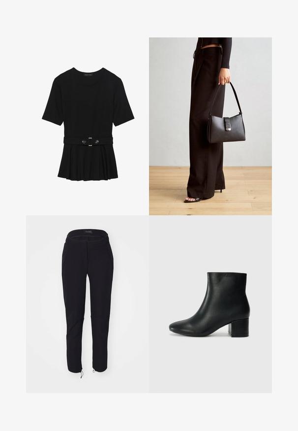 Melnas īsām piedurknēm topiņš, izgatavots no gludas materiāla, ar pepluma dizainu un jostu ar divām apaļām sudraba krāsas pogām.; Melni bikses ar gludu tekstūru, ar pieguļošu dizainu, elastīgu jostu, divām kabatām un regulējamiem aprocēm ar auklām.; Melna ādas potīšu zābaki ar smailu purngalu un masīlu papēdi. Gluda tekstūra ar minimāliem akcentiem un gludu, pieguļošu dizainu.; Melnā somiņa ar strukturētu formu, gludu tekstūru un metālu sprādzi. Saskaņota ar platām melnām biksēm un sandālēm ar atvērtu purngalu uz koka grīdas.