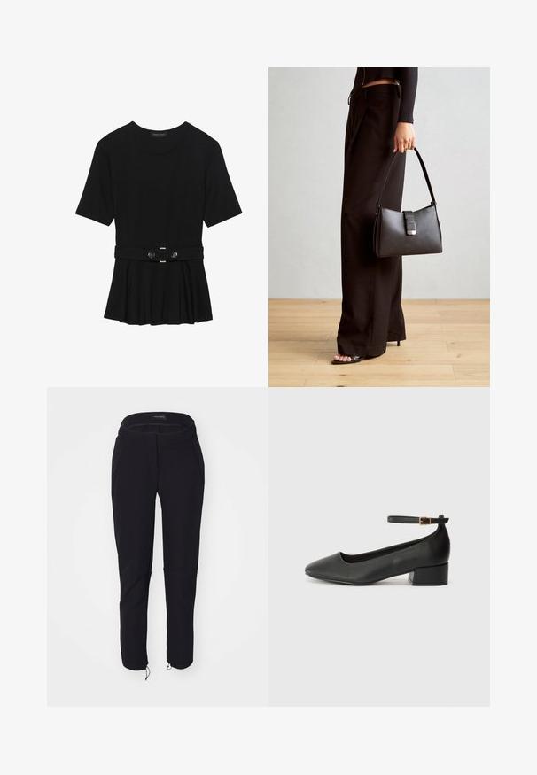 Musta lyhythihainen paita, joka on valmistettu sileästä materiaalista ja jossa on peplum-muotoilu sekä vyötäröllä vyö, jossa on kaksi pyöreää hopeanväristä nappia.; Mustat housut, joissa on sileä pinta, istuva malli, joustava vyötärö, kaksi taskua ja säädettävät hihansuut naruilla.; Mustat nahkakengät, joissa on terävä kärki ja matala lohkare korko. Varustettu nilkkahihnalla, jossa on kultasävyinen solki. Lisää sileä pinta.; Musta käsilaukku, jossa on rakenteellinen muoto, sileä pinta ja metallinen solki. Yhdistetty leveisiin mustiin housuihin ja avonaiheisiin sandaaleihin puulattialla.