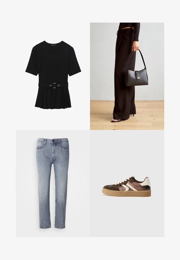Top corto nero a maniche corte realizzato in materiale liscio, con design peplum e vita cintata adornata da due bottoni tondi in tono argento.; Jeans in denim blu chiaro con vestibilità rilassata, gambe dritte e una leggera sbiaditura. Presentano una chiusura con bottone frontale e cinque tasche per praticità.; Sneaker marroni e crema realizzati in una combinazione di materiali scamosciati e satinati, con tre strisce diagonali e una suola in gomma testurizzata.; Borsa nera con forma strutturata, texture liscia e una chiusura metallica. Abbinata a pantaloni neri larghi e sandali open-toe su un pavimento in legno.