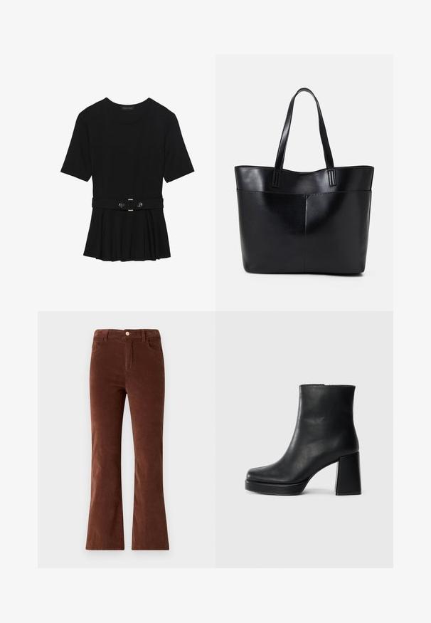 Top negru cu mâneci scurte, realizat dintr-un material neted, cu un design peplum și o talie beltată cu două butoane rotunde de culoare argintie.; Pantaloni flared din corduroy maro, cu talie medie, având închidere cu buton și două buzunare frontale. Textură netedă și culoare uniformă.; Botină din piele neagră, cu toc pătrat și talpă platformă, văzută din lateral pe un fundal alb simplu.; Geantă oversized din piele neagră, cu două mânere lungi, de textură netedă și formă structurată. Are un buzunar frontal pentru stocare suplimentară.