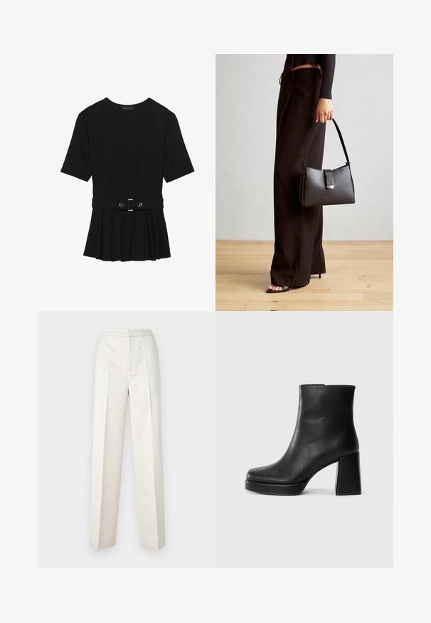 Top negro de manga corta fabricado en un material suave, con un diseño de peplum y una cintura ceñida con un cinturón que incluye dos botones redondos en tono plateado.; Pantalones color crema con un corte ajustado, que presentan una pierna recta, tejido suave, pliegues frontales y un dobladillo limpio. Diseño minimalista.; Botín de cuero negro con tacón cuadrado y suela de plataforma, visto de lado sobre un fondo blanco liso.; Bolso negro con forma estructurada, textura suave y un cierre metálico. Combinado con pantalones anchos negros y sandalias de dedo en un suelo de madera.