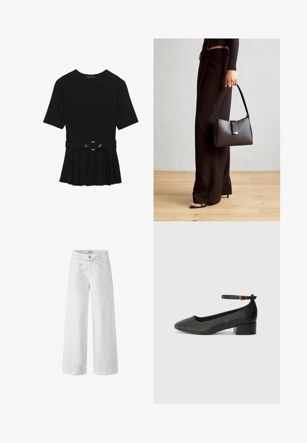 Czarna bluzka krótki rękaw wykonana z gładkiego materiału, z fasonem peplum i paskiem w talii z dwoma okrągłymi, srebrnymi guzikami.; Białe, szerokie spodnie typu wide-leg wykonane z denimu, z elastycznym pasem na sznurki, przednimi kieszeniami i zapięciem na guzik. Gładka struktura i prosty design.; Czarne skórzane szpilki z ostrym noskiem i niskim słupkowym obcasem. Wyposażone w pasek na kostkę z złotym zapięciem. Gładka tekstura.; Czarna torebka o usztywnionym kształcie, gładkiej fakturze i metalowym zapięciem. Połączona z szerokimi czarnymi spodniami i sandałami na otwartym palcu na drewnianej podłodze.
