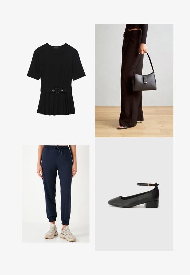 Fekete, rövid ujjú felső sima anyagból, peplum fazonnal és övvel a deréknál, két kerek, ezüst árnyalatú gombbal.; Tengeri kék joggers elasztikus derékkal és zsinórral. A nadrág alsó része szűkített, sima, puha anyagból készült. Bézs sportcipővel párosítva.; Fekete bőr magassarkú cipő hegyes orral és alacsony tömb sarkal. Bokapánttal rendelkezik, aranyszínű csattal. Simább textúra.; Fekete kézi táska strukturált formával, sima textúrával és fémből készült záródással. Széles fekete nadrággal és nyitott orrú szandállal párosítva, fából készült padlón.