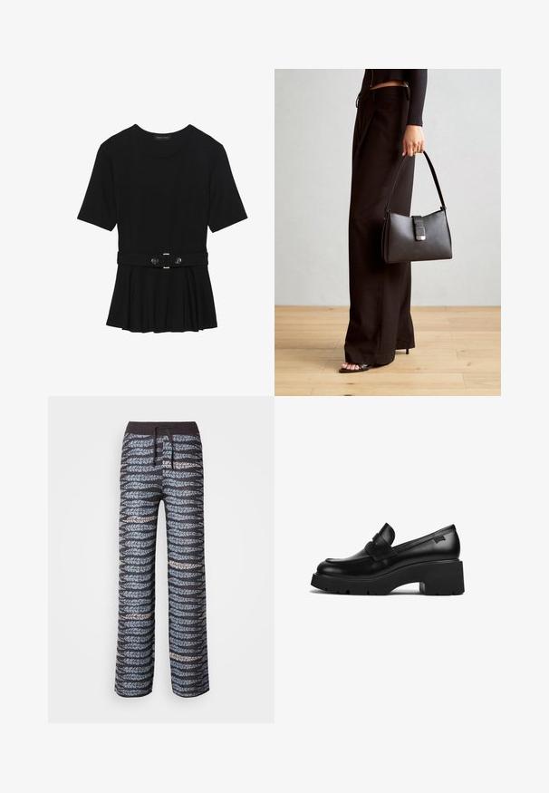 Black short-sleeve top made of smooth material, featuring a peplum design and a belted waist with two round, silver-tone buttons.; Black sweatpants with blue and gray leaf-patterned design, elastic waistband, drawstring, and wide-leg cut. Soft texture, casual fit.; Black leather chunky-heeled loafer with thick sole and a strap detail across the top, shown from the side on a white background.; Black handbag with structured shape, smooth texture, and a metallic clasp. Paired with wide black pants and open-toe sandals on wooden floor.