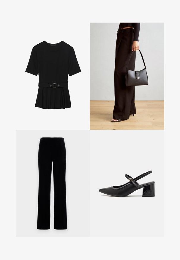 Μαύρη κοντομάνικη μπλούζα από λεία ύφανση, με σχέδιο peplum και ζωνάκι στη μέση, διακοσμημένο με δύο στρογγυρά, ασημί κουμπιά.; Μαύρο, βελούδινο παντελόνι με ίσια γραμμή, διαθέτοντας λεία υφή και ελαστική μέση. Χωρίς ορατό υλικό ή σχέδια.; Μαύρα παπούτσια γοβάκια από πατενταρισμένο δέρμα με γωνιαστό μπροστινό μέρος, στρογγυλή κοπή και τετράγωνο τακούνι. Διαθέτουν μια χρυσή αγκράφα ως διακοσμητικό στοιχείο.; Μαύρη τσάντα χειρός με δομημένο σχήμα, λεία υφή και μεταλλικό κούμπωμα. Συνδυασμένη με φαρδιά μαύρα παντελόνια και σανδάλια ανοιχτής μύτης πάνω σε ξύλινο πάτωμα.