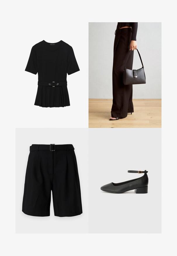Černé krátké tričko vyrobené z hladkého materiálu, s peplum designem a opaskem v pase, ozdobené dvěma kulatými, stříbrnými knoflíky.; Černé šortky na míru s hladkou texturou, širokým pasem a kovovým detailem přezky. Strukturovaný design a sklady vpředu.; Černé kožené lodičky s špičatou špičkou a nízkým blokovým podpatkem. Obsahují pásek kolem kotníku se zlatou sponou. Hladký povrch.; Černá kabelka se strukturovaným tvarem, hladkým povrchem a kovovým uzávěrem. Kombinována s širokými černými kalhotami a sandály s otevřenou špičkou na dřevěné podlaze.