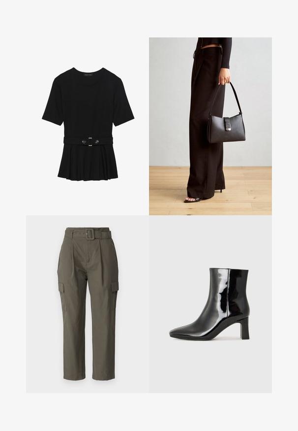 Fekete, rövid ujjú felső sima anyagból, peplum fazonnal és övvel a deréknál, két kerek, ezüst árnyalatú gombbal.; Olívazöld színű cargo nadrág, könnyű anyagból készült. Jellemzői közé tartozik a deréknál öv, az elülső redők, és a fedeles oldalsó zsebek.; Fekete lakk bőrcipő bokáig érő, hegyes orral és közepes magasságú tömbsarokkal. Simább textúrával és minimalista dizájnnal rendelkezik.; Fekete kézi táska strukturált formával, sima textúrával és fémből készült záródással. Széles fekete nadrággal és nyitott orrú szandállal párosítva, fából készült padlón.