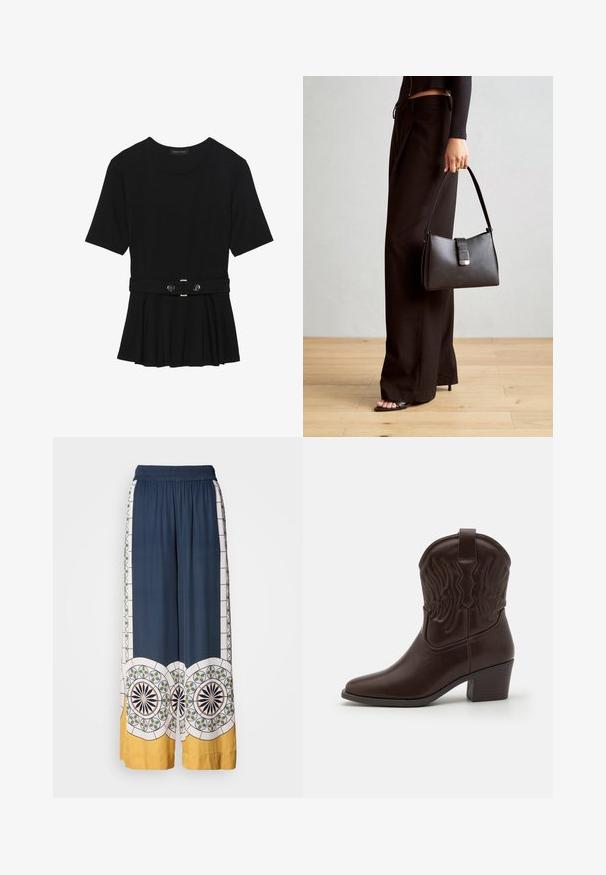 Črn kratek rokav srajca iz gladkega materiala, z obliko pepluma in pasom s pasom ter dvema okroglega srebrno-toniranima gumboma.; Mornarice široke hlače s elastičnim pasom, s geometrijskimi vzorci v beli, zeleni in rumeni barvi ob robu in ob straneh.; Rjave usnjene kavbojske škornje z izostrenimi prsti, okrašenimi z embosiranimi vzorci ptičjih kril, srednje visokim blokastim petam in zanka za pomoč pri obuvanju na zadnji strani.; Črna torbica z strukturirano obliko, gladko teksturo in kovinskim zaponko. Ujemajo se z širokimi črnimi hlačami in odprtimi sandali na lesenem tleh.