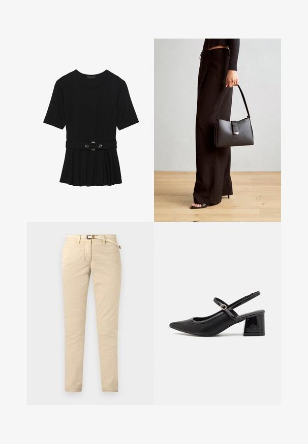 Črn kratek rokav srajca iz gladkega materiala, z obliko pepluma in pasom s pasom ter dvema okroglega srebrno-toniranima gumboma.; Bež chinos hlače iz bombaža z gladko teksturo, z pletenim pasom in standardnimi žepi. Ozek kroj z ravnimi nogami.; Črne patentne usnjene salonarce s slingback obliko, s koničastim nosom, zaobljenim izrezom in blok peto. Imajo zlato kovinsko zaponko kot dodatno okrasje.; Črna torbica z strukturirano obliko, gladko teksturo in kovinskim zaponko. Ujemajo se z širokimi črnimi hlačami in odprtimi sandali na lesenem tleh.
