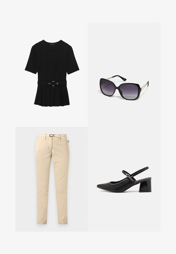 Black short-sleeve top made of smooth material, featuring a peplum design and a belted waist with two round, silver-tone buttons.; Beige chinos made of cotton with a smooth texture, featuring a woven belt, and standard pockets. Slim fit with straight legs.; Black patent leather slingback heels with a pointed toe, a rounded cutout design, and a block heel. Features a gold-tone buckle accent.; Black oversized sunglasses with gradient lenses, thick frames, and gold-tone chain detailing on the temple arms.; Black handbag with structured shape, smooth texture, and a metallic clasp. Paired with wide black pants and open-toe sandals on wooden floor.