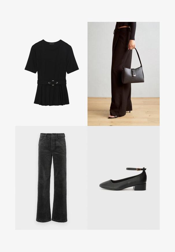 Black short-sleeve top made of smooth material, featuring a peplum design and a belted waist with two round, silver-tone buttons.; Black corduroy pants with wide legs, featuring front pockets and a button closure, soft texture with ribbed pattern throughout.; Black leather pump with a pointed toe and a low block heel. Features an ankle strap with a gold-tone buckle. Smooth texture.; Black handbag with structured shape, smooth texture, and a metallic clasp. Paired with wide black pants and open-toe sandals on wooden floor.